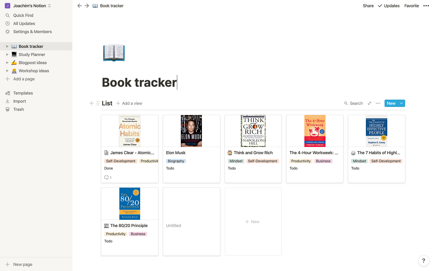 A book tracker template created in Notion.