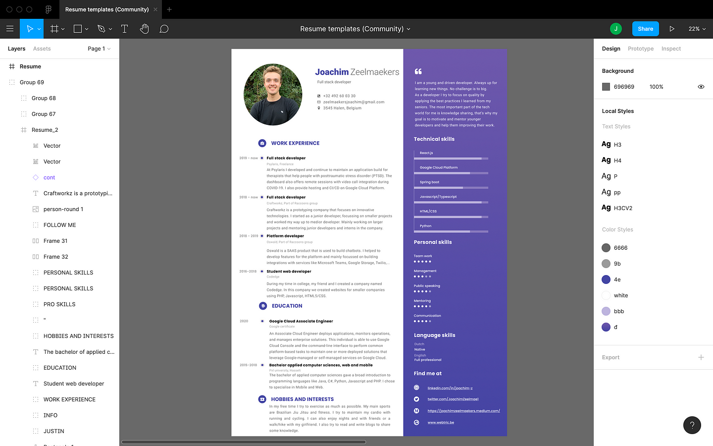 An example of a resume created in Figma