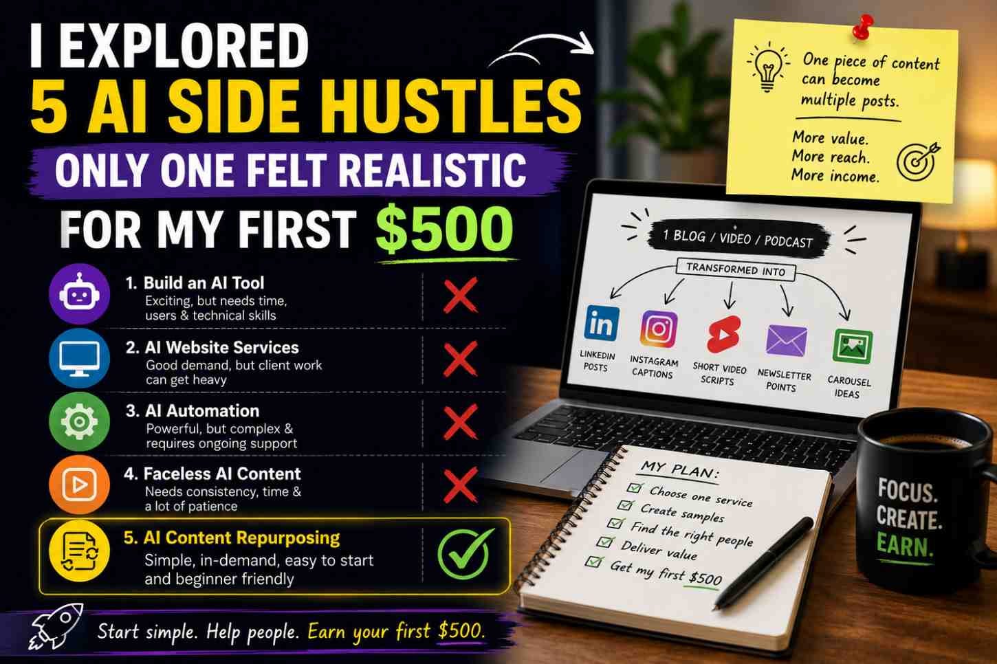 I Explored 5 AI Side Hustles — Only One Felt Realistic for My First $500