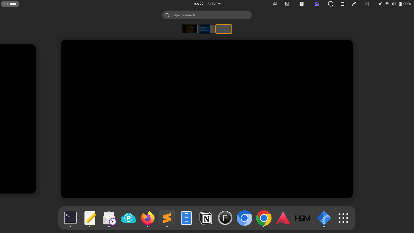 A screenshot of the GNOME shell on Linux. It shows an “overview” mode, displaying one of multiple desktops, a rack of shortcuts to applications in a row at the bottom of the screen and a menu of settings on the top right.