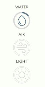 Screen App showing selection Water, Air, Light