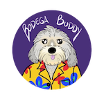 Cartoon picture of a dog wearing a Hawaiian shirt, dog’s name Bodega Buddy