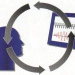 Cartoon image showing the profile view of a person’s head, looking at a display screen with wavy lines, simulating neurologic measurements. There is a set of four lines with arrows arranged in a circle, suggesting a counter-clockwise motion that suggests continuous feedback between the parson and the display.