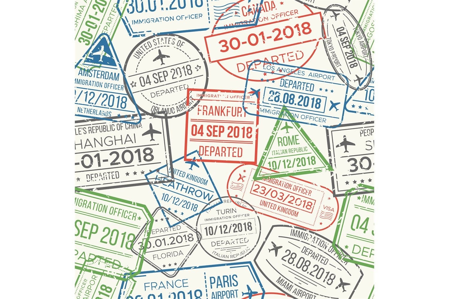 Travel Visa Airport Stamps Seamless Pattern Printable Illustrations