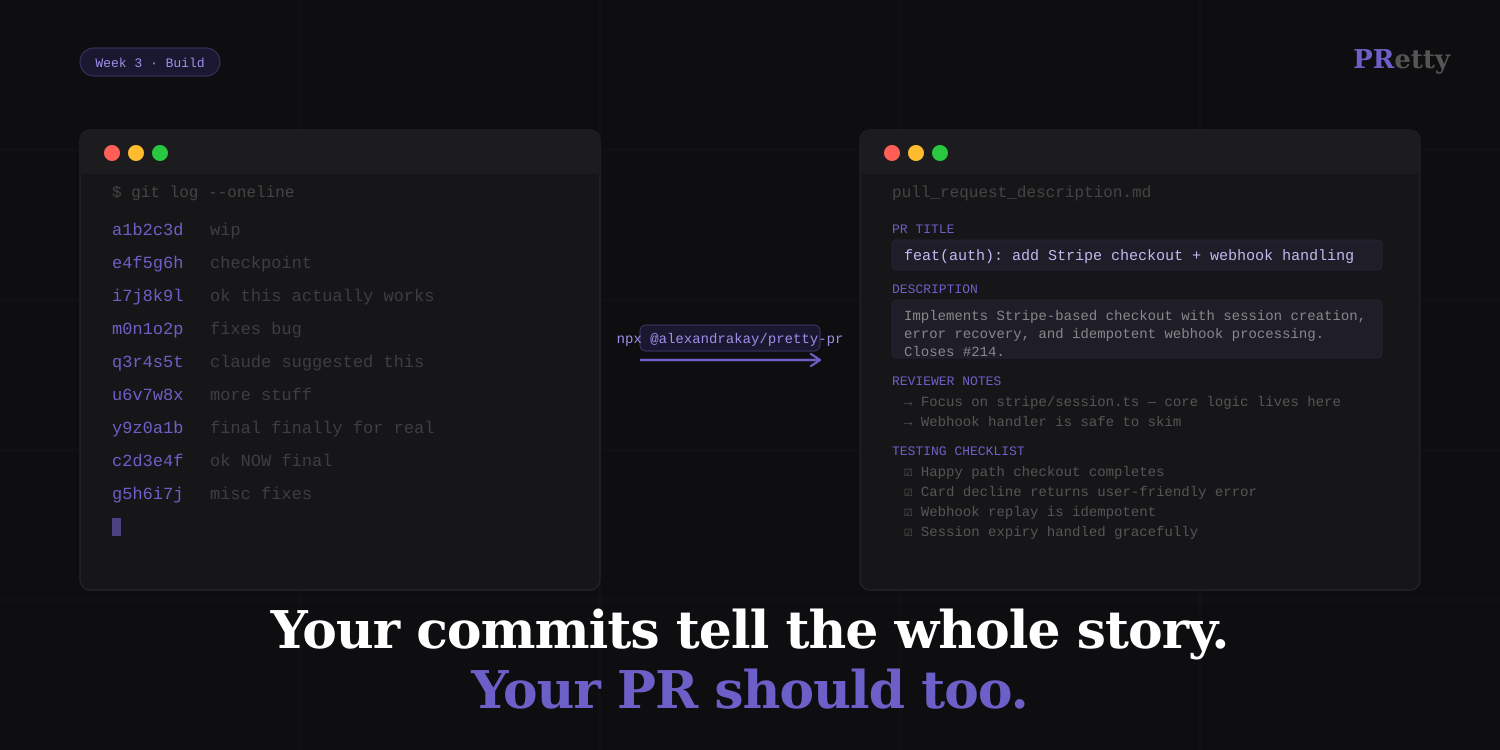 PRetty Turns Messy Commits Into Clean PR Descriptions — However You Code