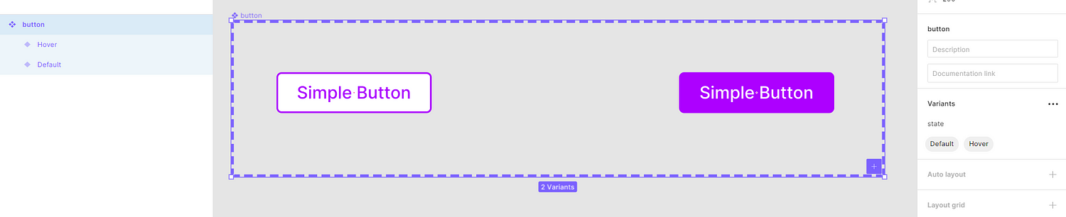 Screenshot of Figma showing two button variants