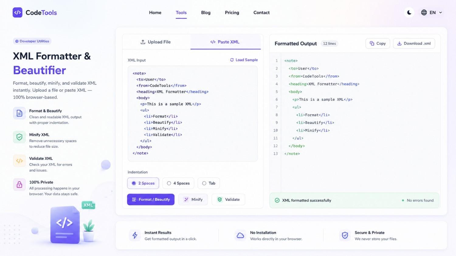 XML Formatter & Beautifier Online — Format, Validate & Minify XML Instantly | ToolSnak