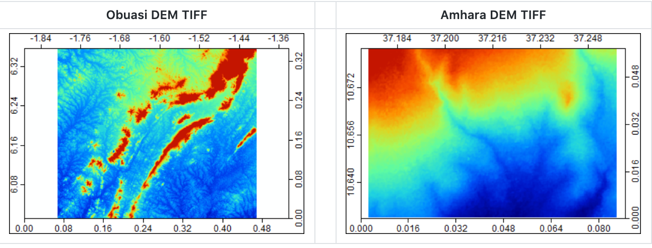 Digital Elevation Model data for Ghana and Amhara region on map