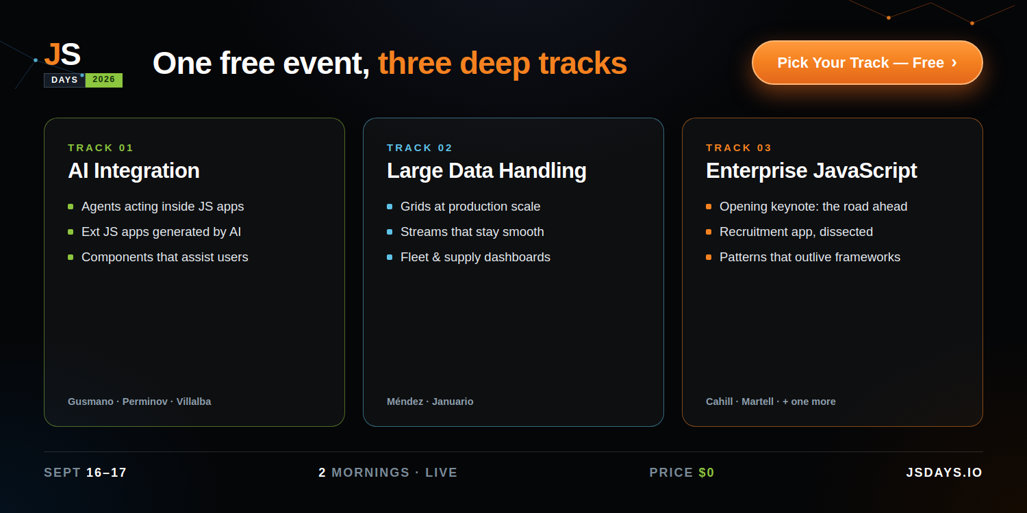 JS Days 2026: A Free Two-Day Virtual Event Covering AI Integration, Large Data Handling, and…