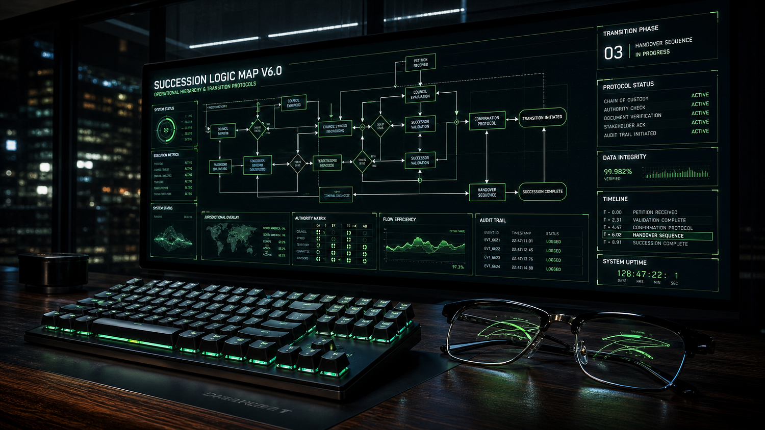 A wide-angle cinematic night scene of a high-tech command center with a dark walnut desk in the foreground. A black mechanical keyboard glows with emerald-green backlighting, and a pair of reading glasses rests nearby, reflecting green data. In the background, a massive panoramic monitor displays a glowing technical schematic titled “SUCCESSION LOGIC MAP V6.0,” filled with flowcharts, status panels, and system metrics.
