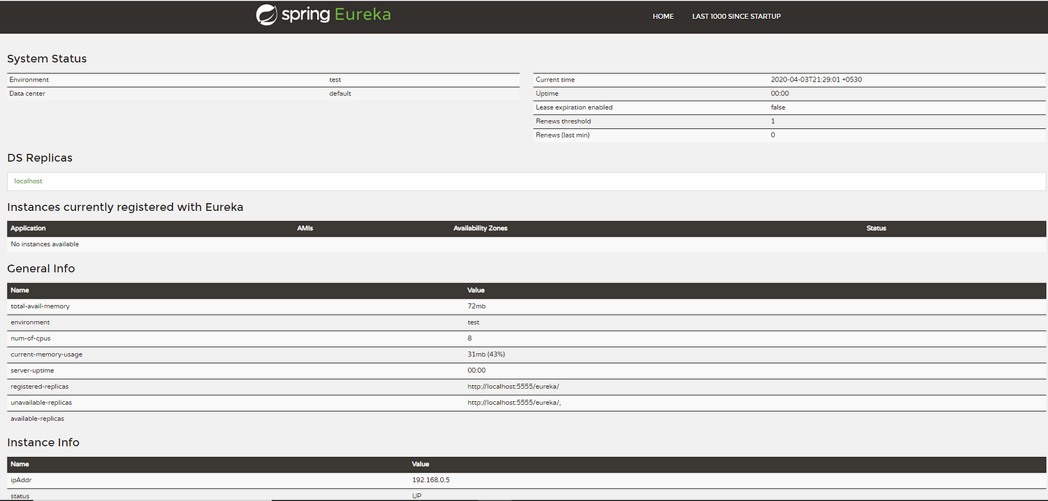 Spring Eureka Server UI