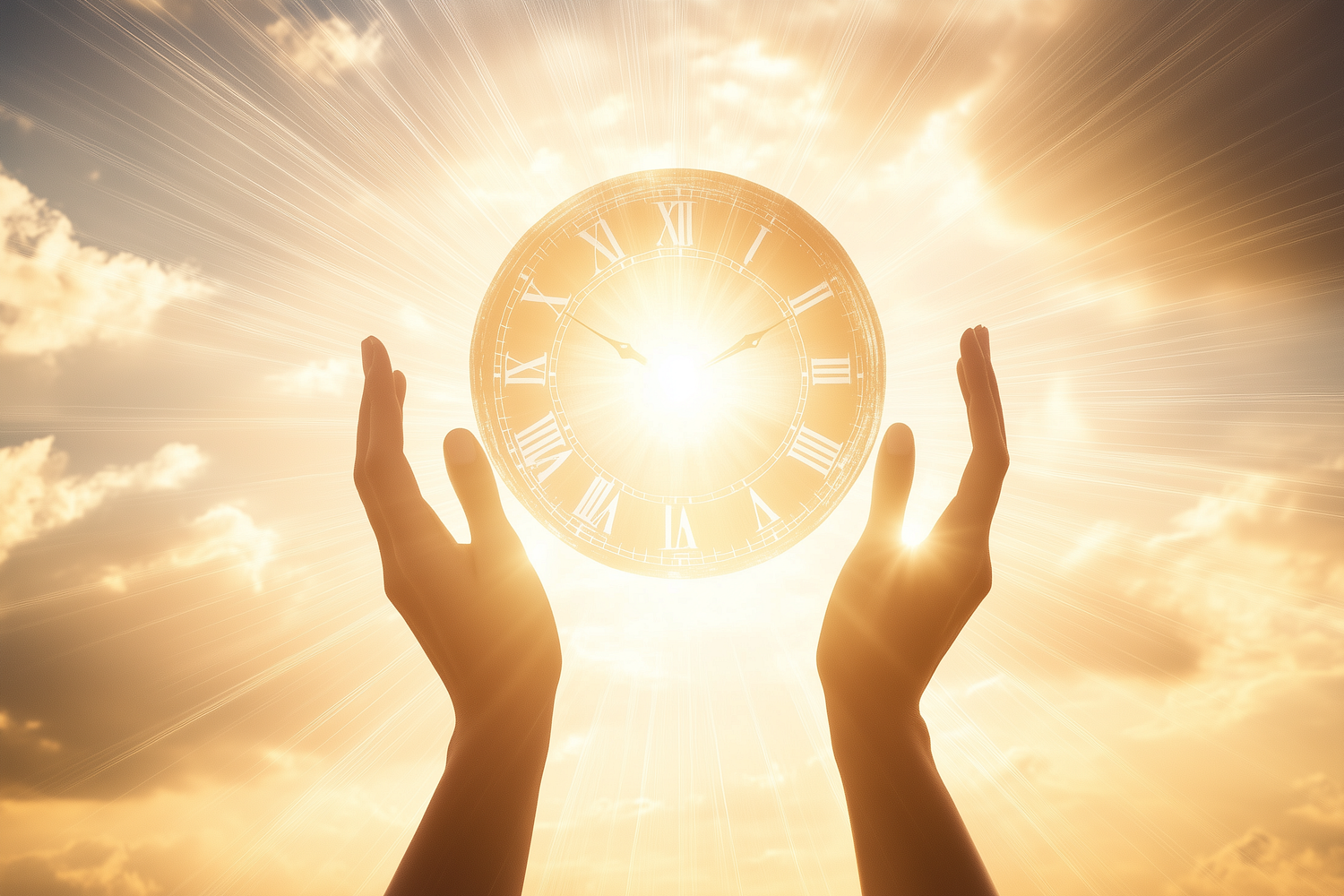 Hands praising a clock, the clock emits a strong beam of light suggesting its power and greatness.