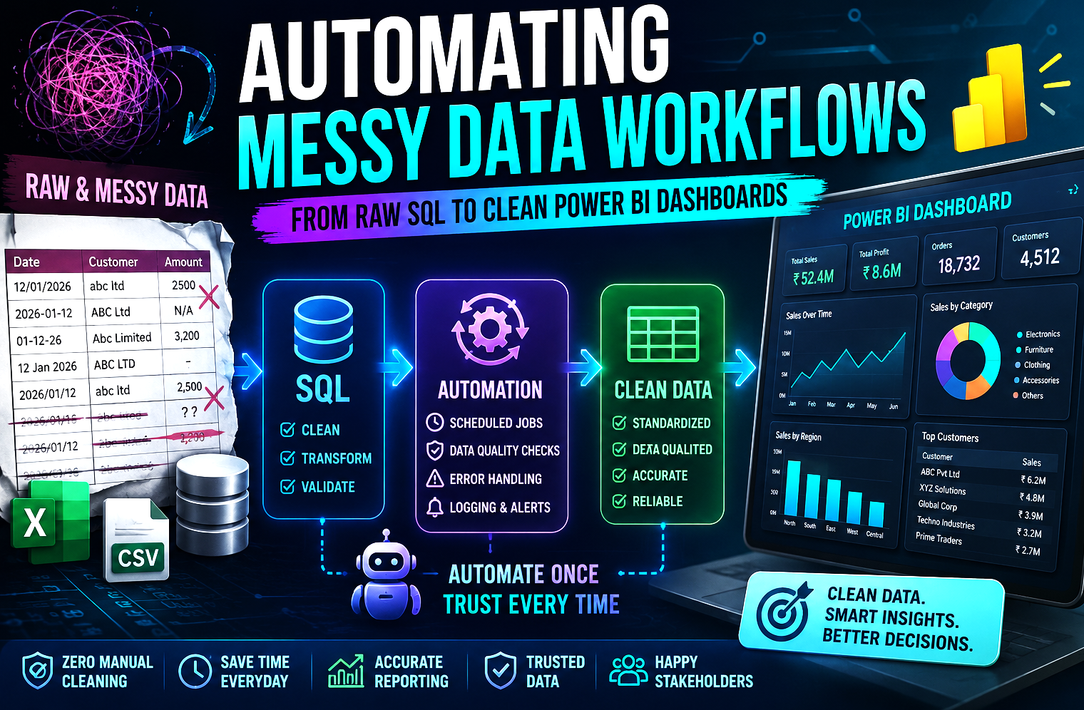 Automating Messy Data Workflows: From Raw SQL to Clean Power BI Dashboards.