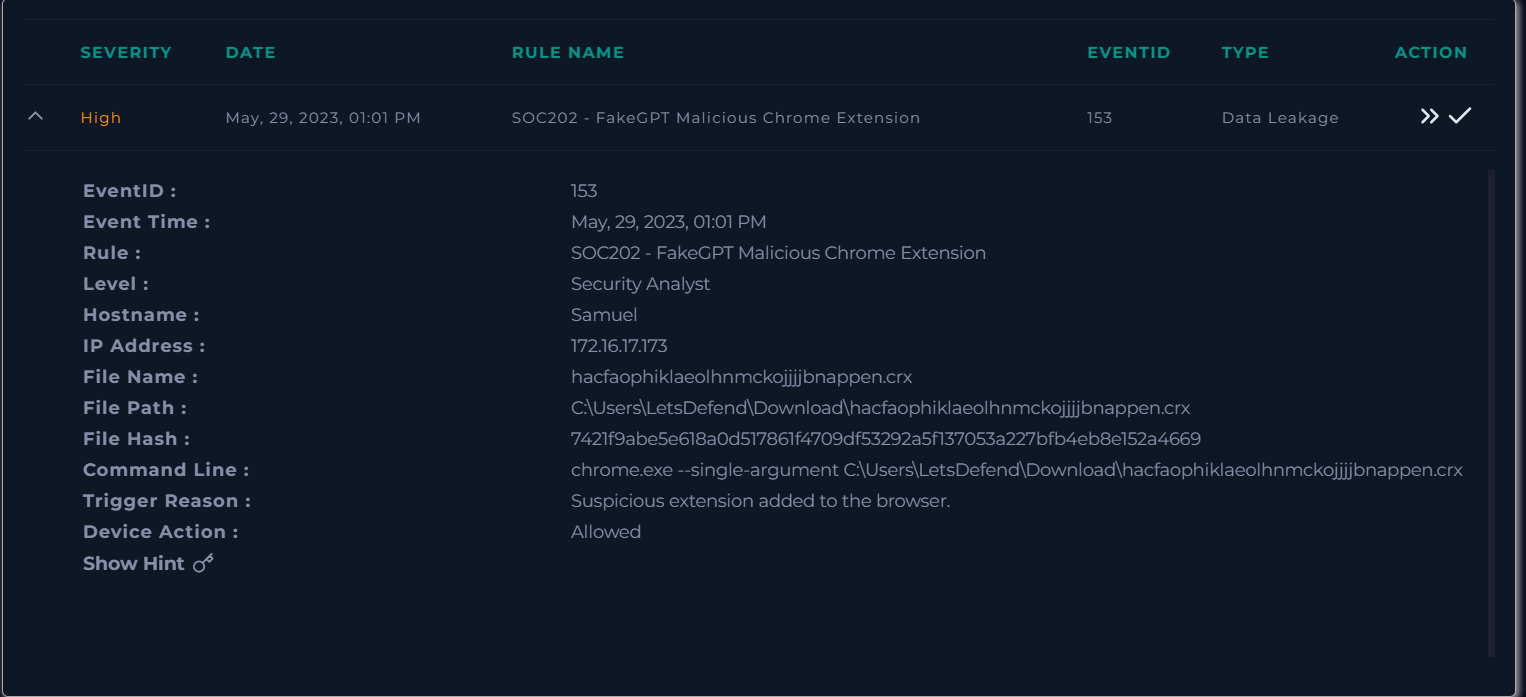 SOC202 — FakeGPT Malicious Chrome Extension (EventID: 153)
