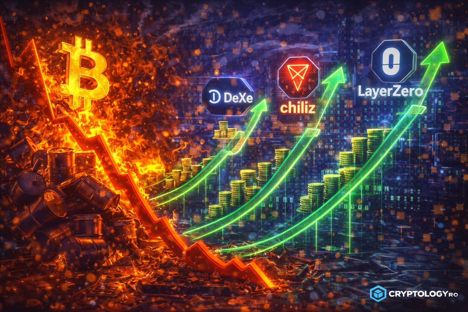 DeXe, Chiliz și LayerZero cresc în ciuda presiunii asupra Bitcoin, tras în jos de explozia…