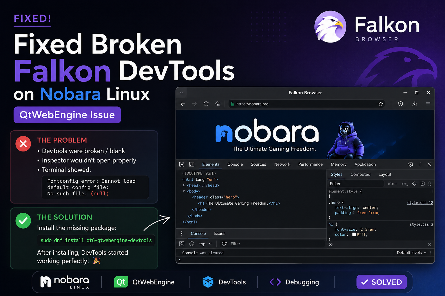 Fixed Broken Falkon DevTools on Nobara Linux (QtWebEngine Issue)