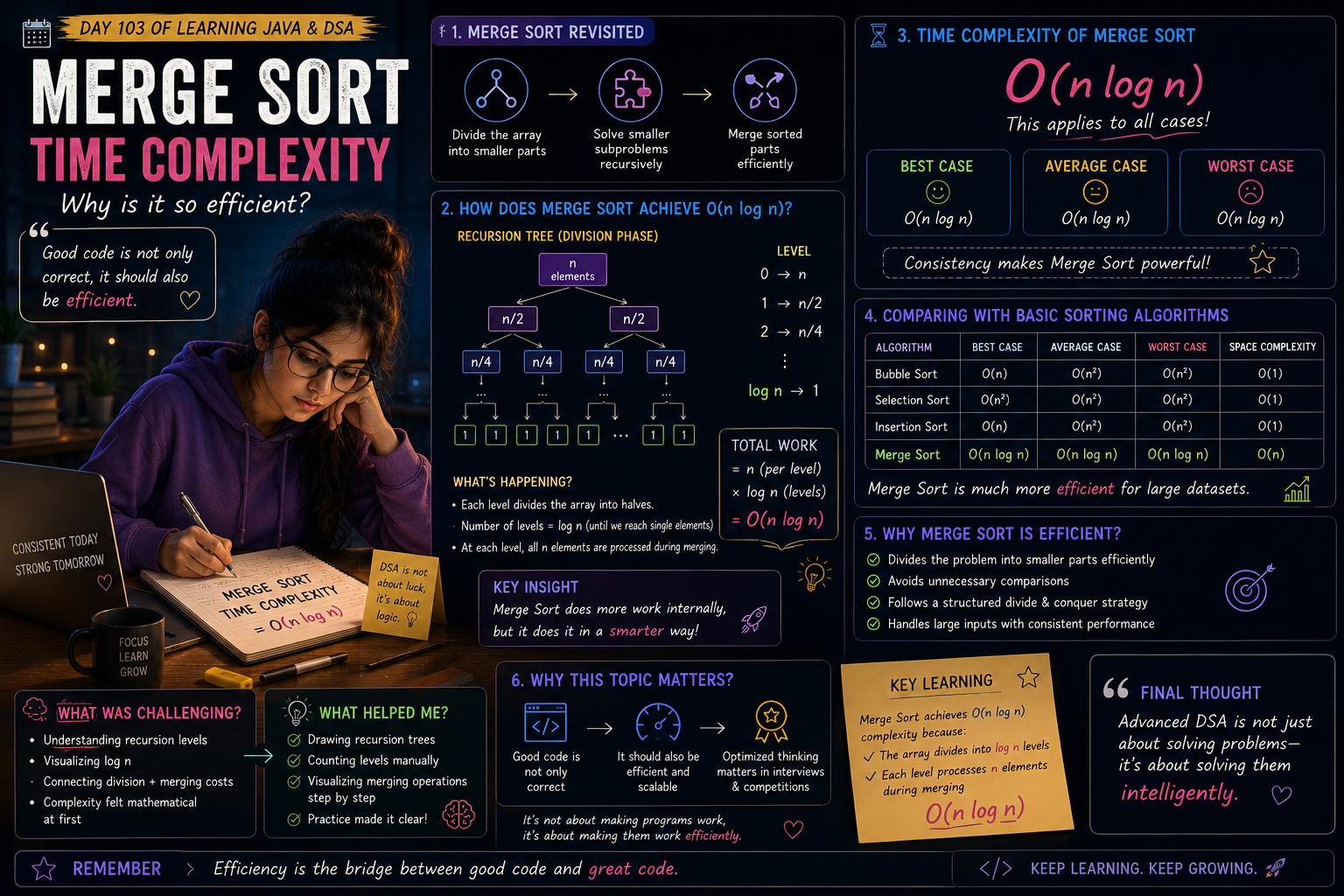 Day 103 of Learning Java & DSA: Understanding Merge Sort Time Complexity
