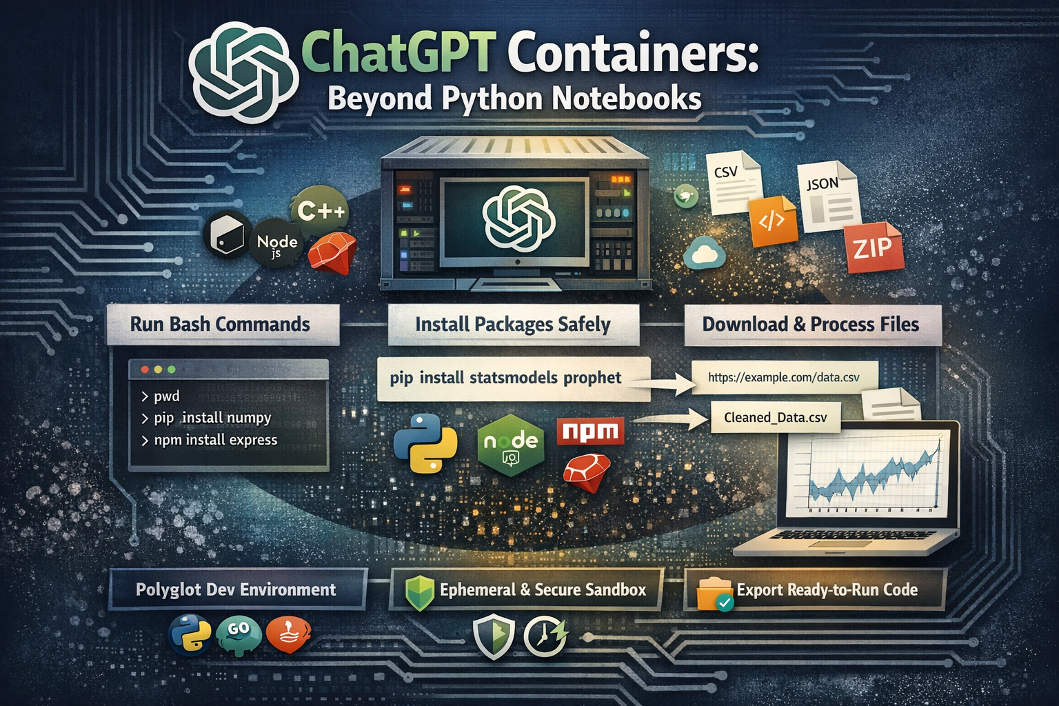 ChatGPT containers: Run bash, pip/npm, and file downloads in a safe dev sandbox