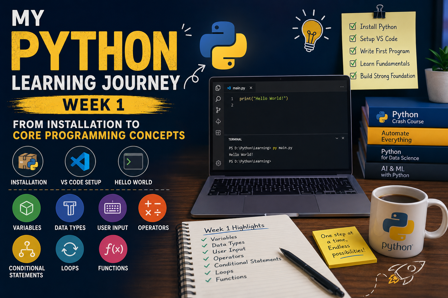 My Python Learning Journey — Week 1: From Installation to Core Programming Concepts