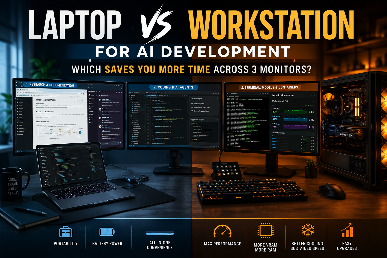 Laptop vs Workstation for AI Development: Which Saves You More Time Across 3 Monitors?