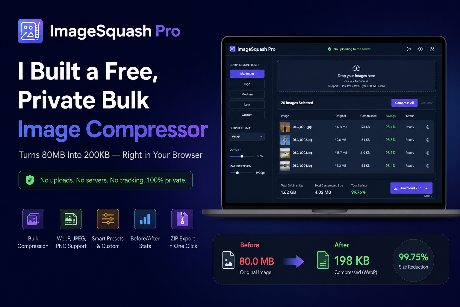 I Built a Free, Private Bulk Image Compressor That Turns 80MB Into 200KB — Right in Your Browser
