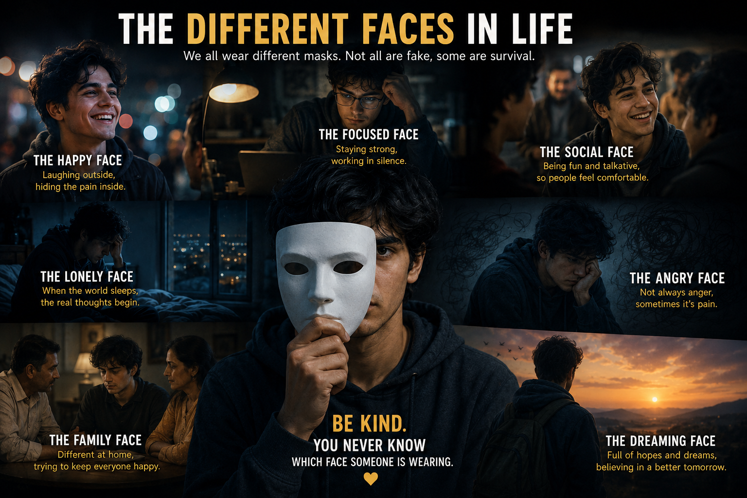 The difference faces people wear in life..
