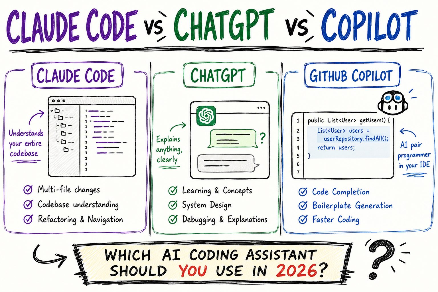 Claude Code vs ChatGPT vs GitHub Copilot: Which AI Coding Assistant Should Developers Use in 2026?