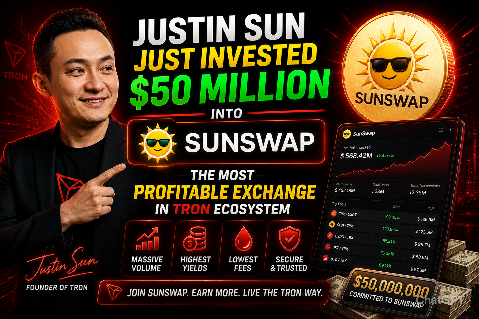 Justin Sun Just Invested $50 Million Into SunSwap Finance — The Most Profitable Exchange in Tron…