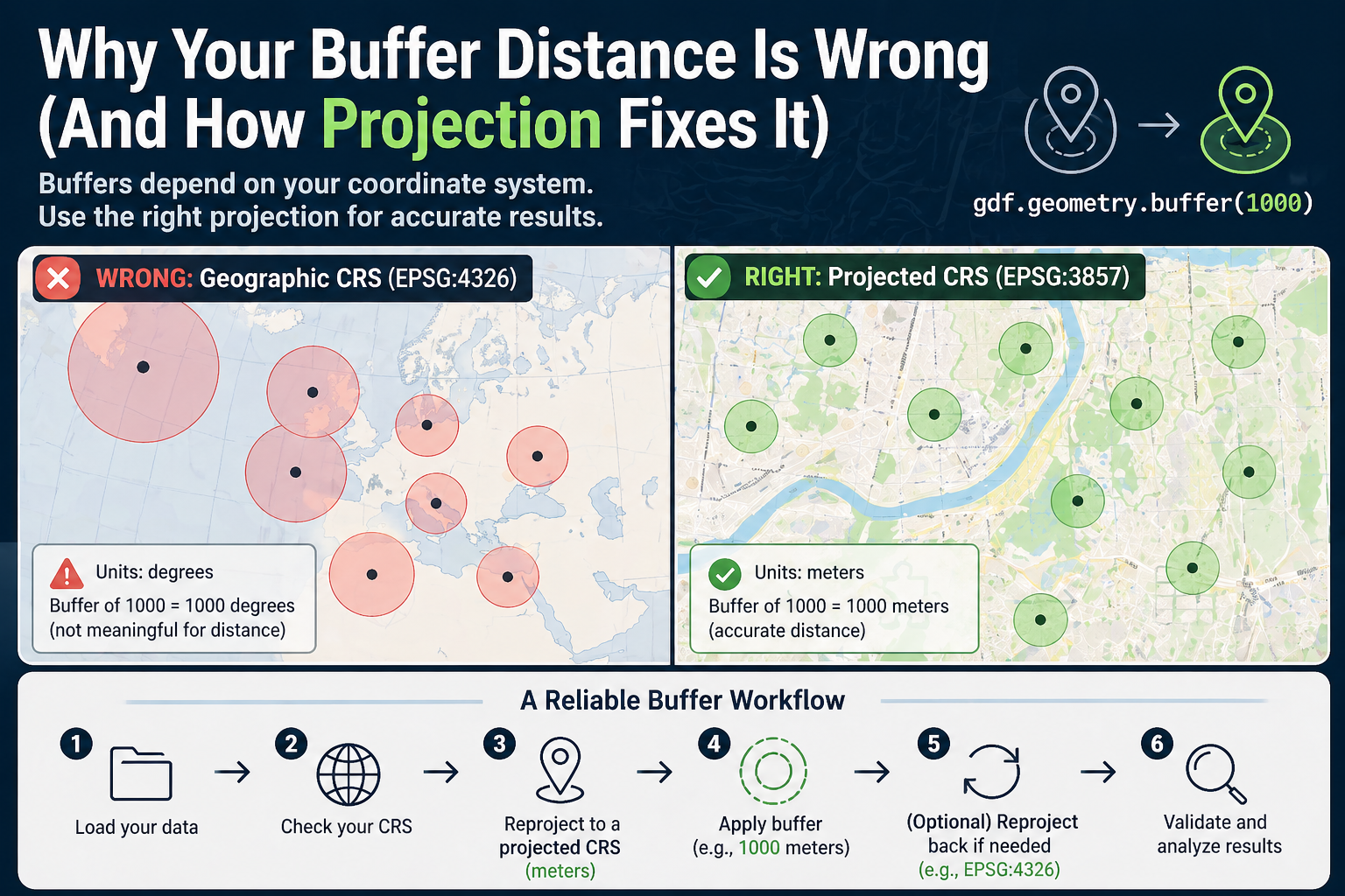 GIS on Medium - Why Your Buffer Distance Is Wrong in GeoPandas (And How Projection Fixes It)