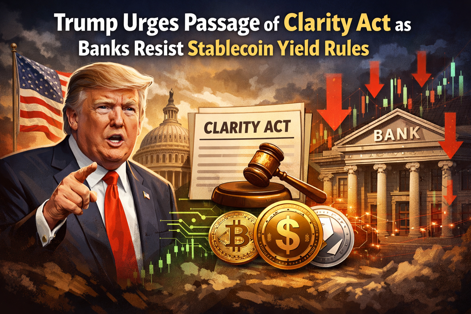 Trump Pushes Clarity Act as Banks Clash Over Stablecoin Yield Rules