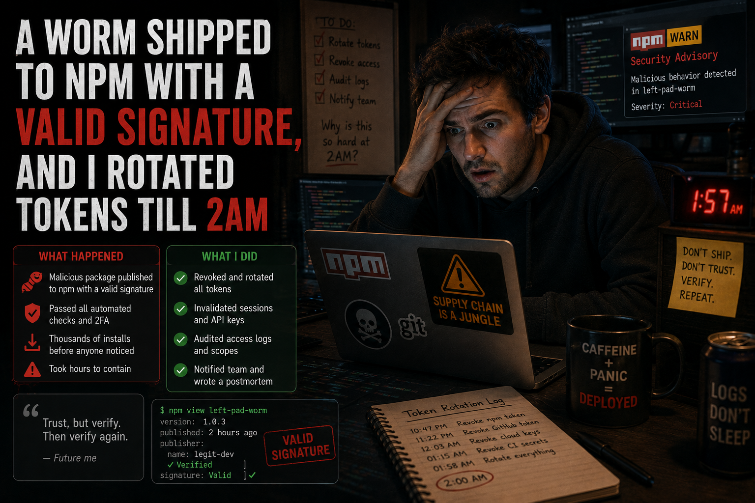 A worm shipped to npm with a valid signature, and I rotated tokens till 2am