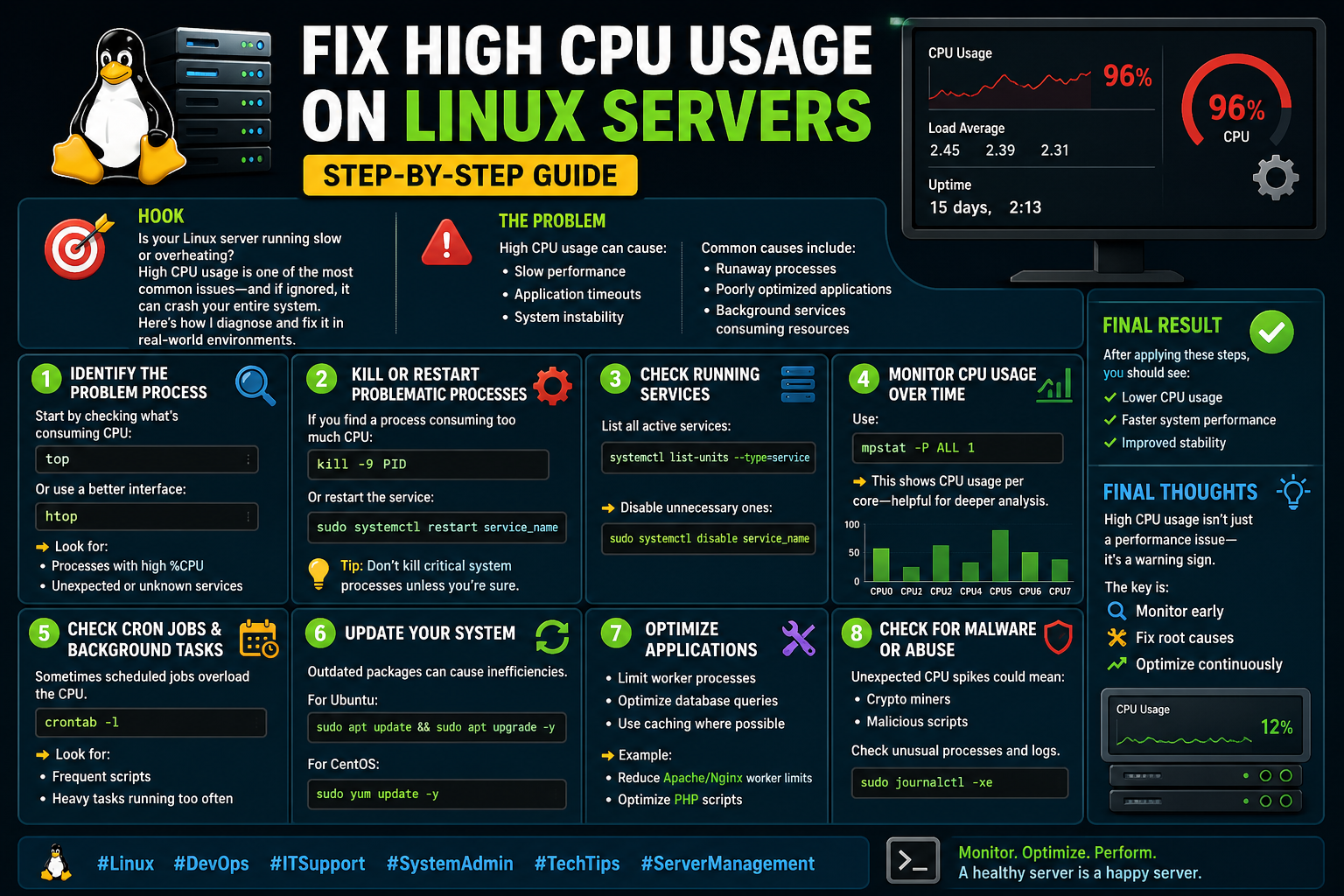 Fix High CPU Usage on Linux Servers — Step-by-Step Troubleshooting Guide for Sysadmins
