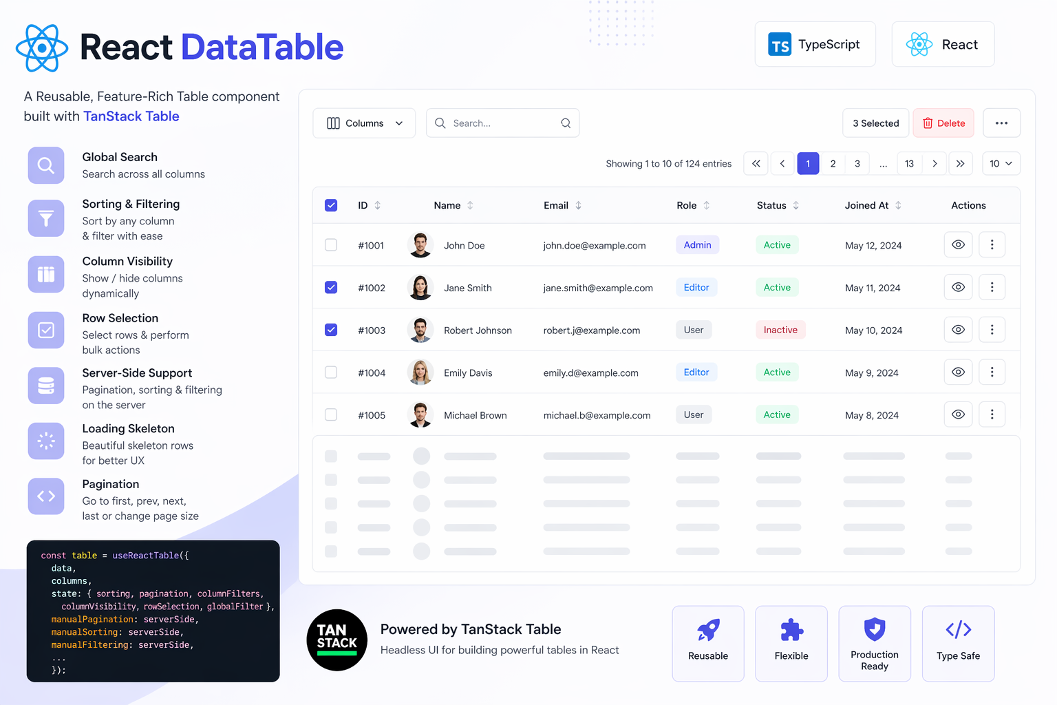 I recently built a reusable DataTable component using React + TypeScript powered by TanStack Table…