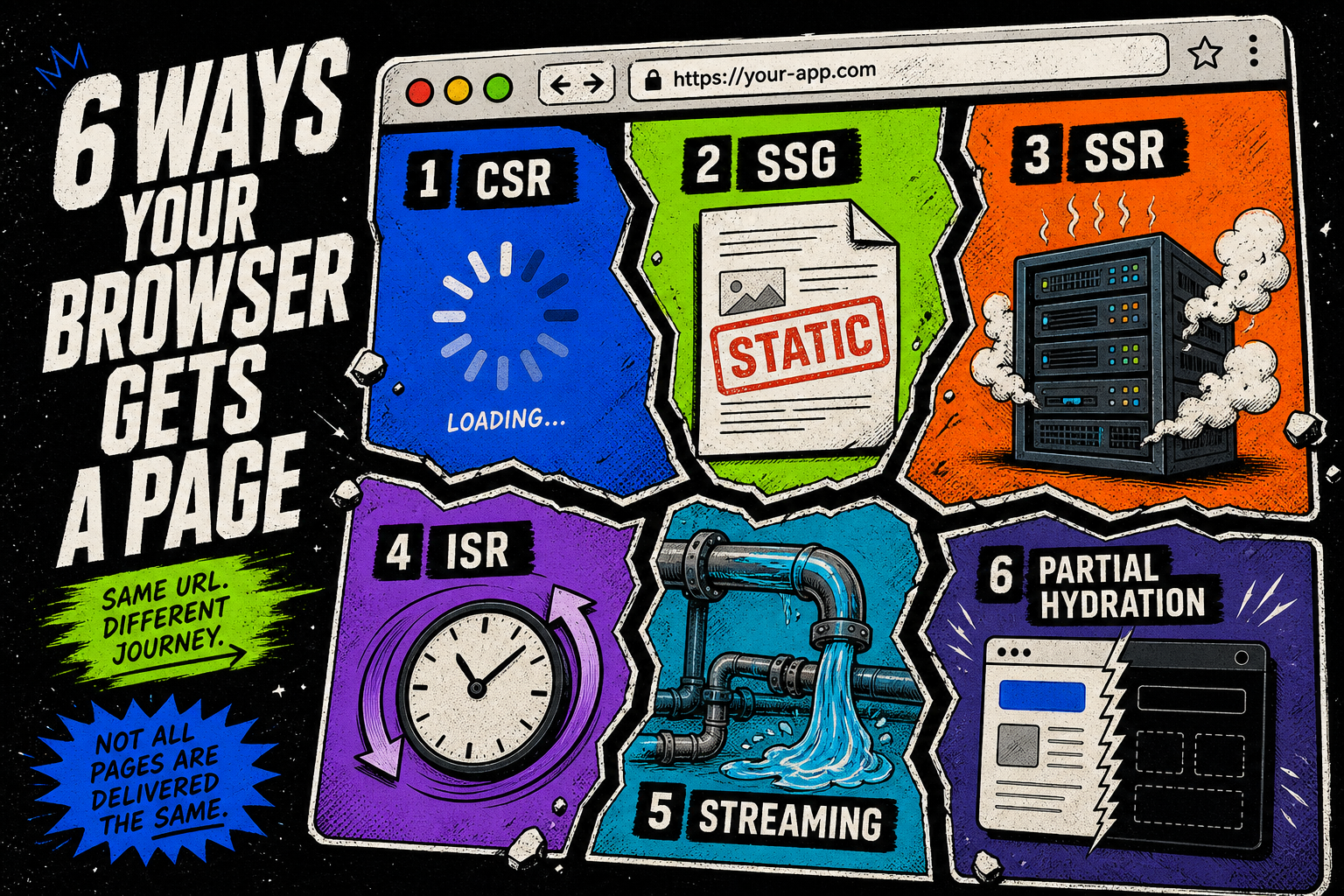 Explicação sobre renderização no front-end: CSR, SSR, SSG, ISR, Streaming SSR e hidratação parcial.