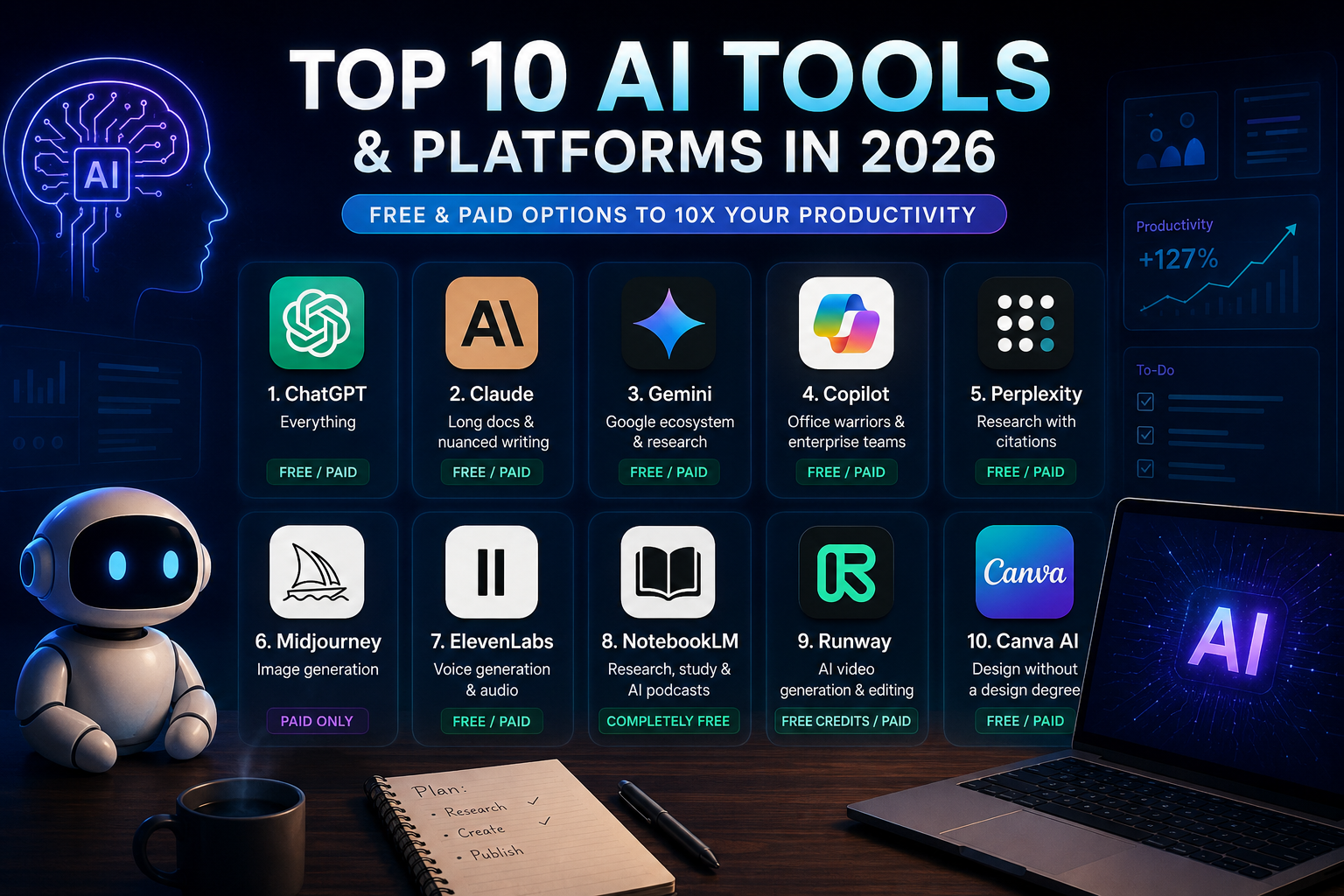 Top 10 AI Tools & Platforms in 2026
(Free & Paid)