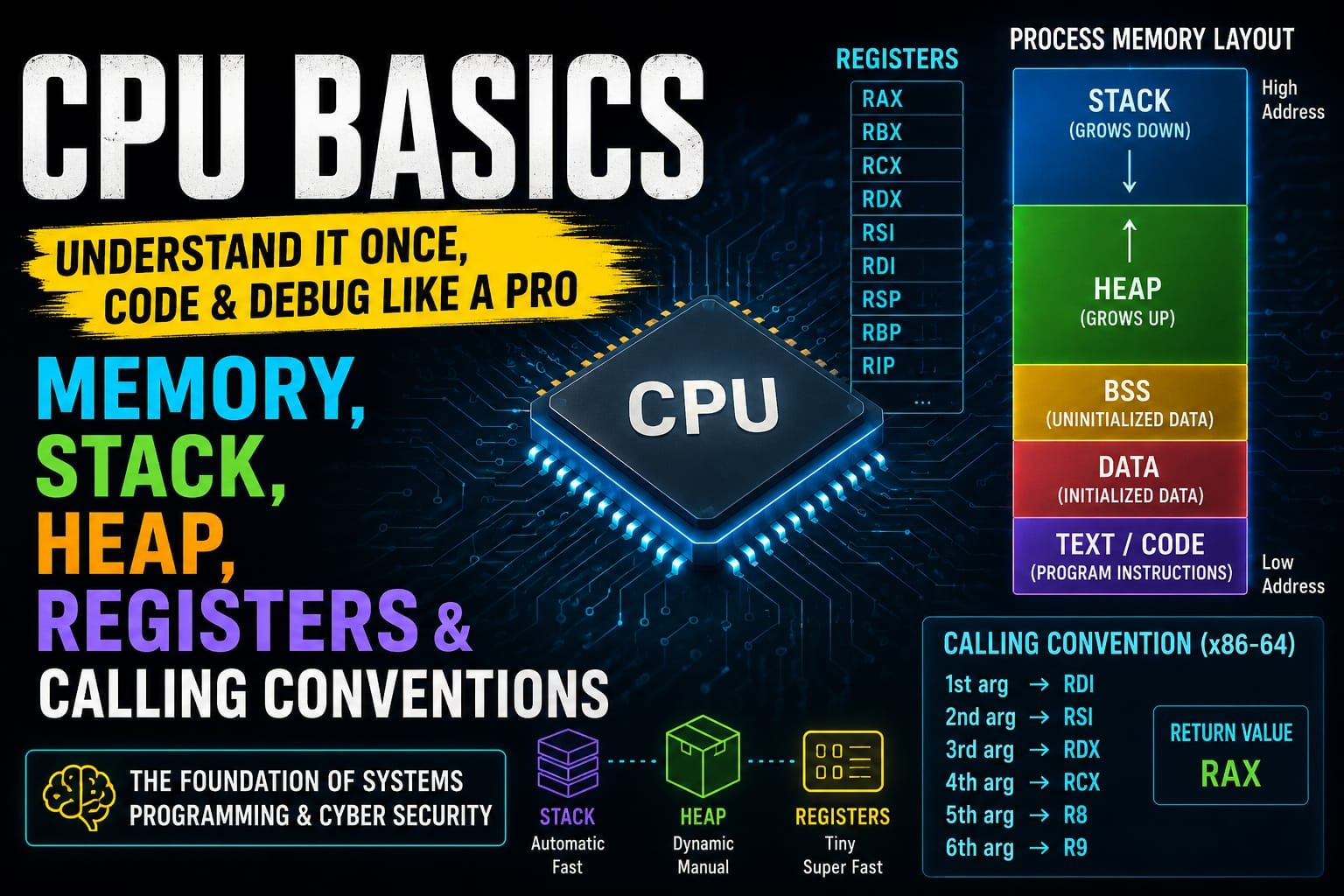 CPU Basics for Hackers & Developers: Understanding Memory, Stack, Heap & Registers Like a Pro