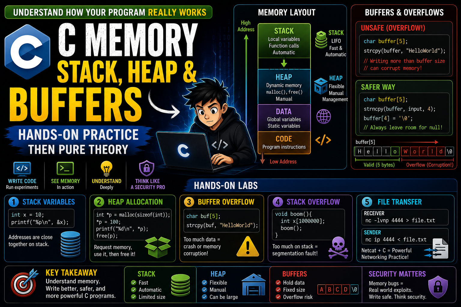 Understanding Memory in C: Stack, Heap & Buffers — A Beginner-Friendly Deep Dive With Hands-On Labs