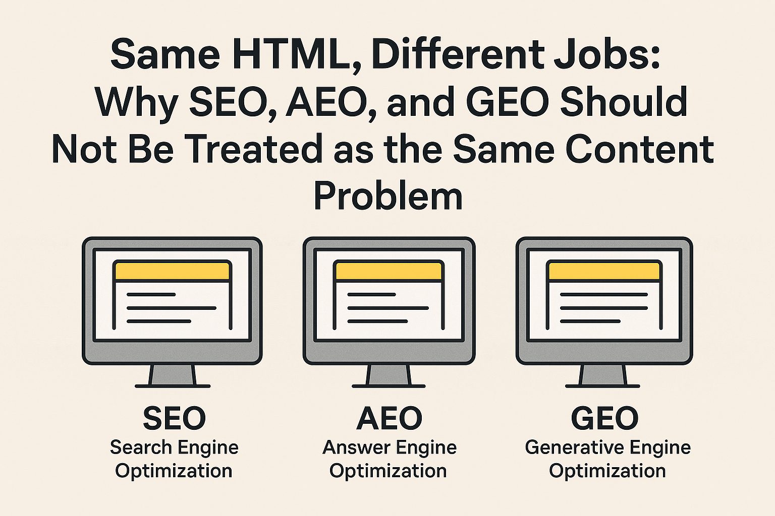 Same HTML, Different Jobs: Why SEO, AEO, and GEO Should Not Be Treated as the Same Content Problem