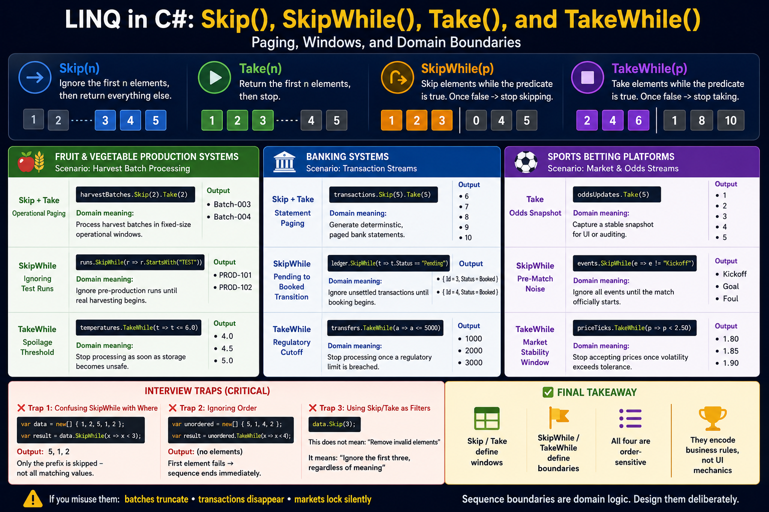 LINQ in C#: Skip(), SkipWhile(), Take(), and TakeWhile() More Than Just Paging Defining Domain…