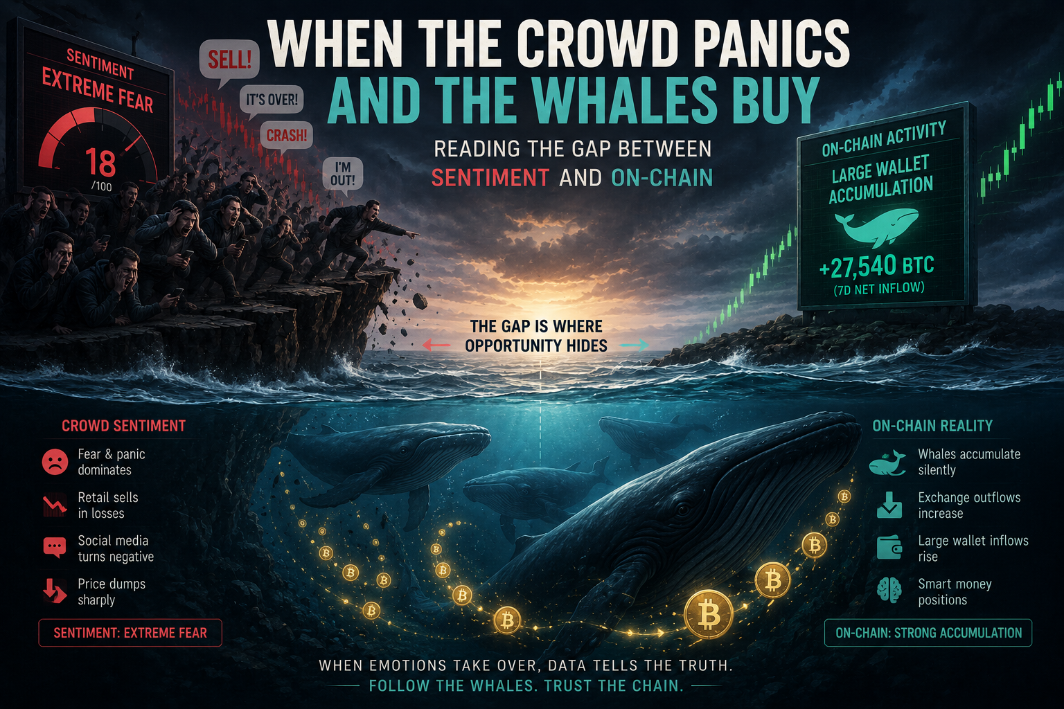 When the Crowd Panics and the Whales Buy: Reading the Gap Between Sentiment and On-Chain