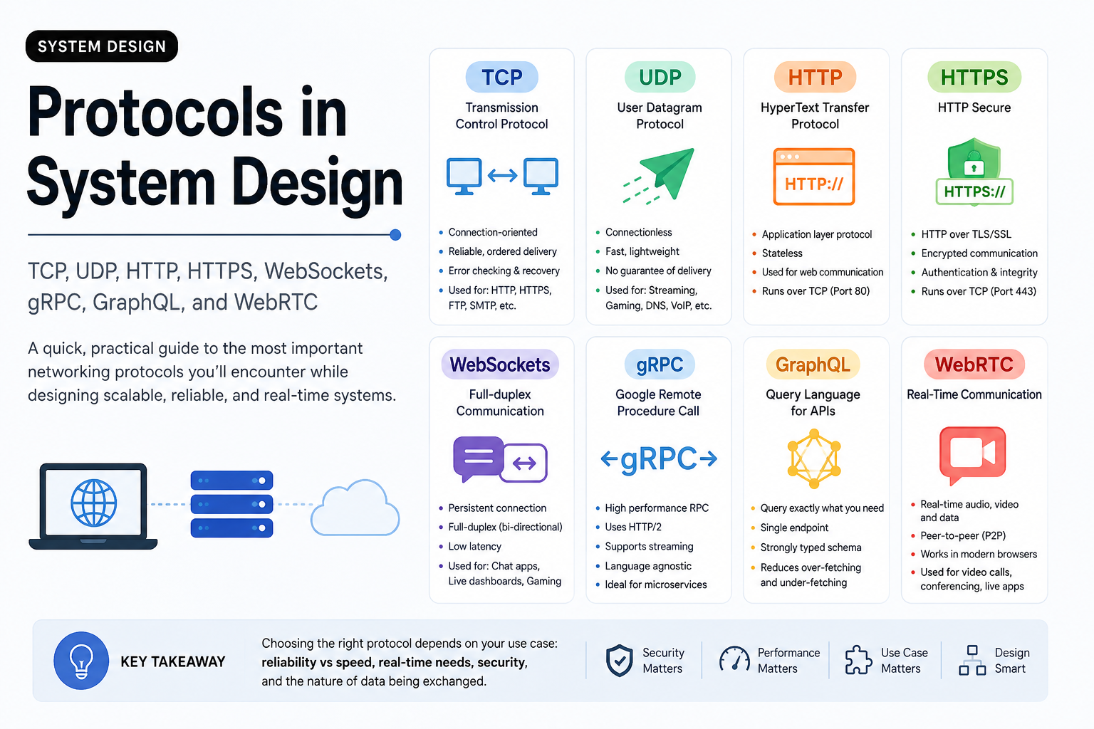 Protocols in System Design: TCP, UDP, HTTP, HTTPS, WebSockets, gRPC, GraphQL, and WebRTC