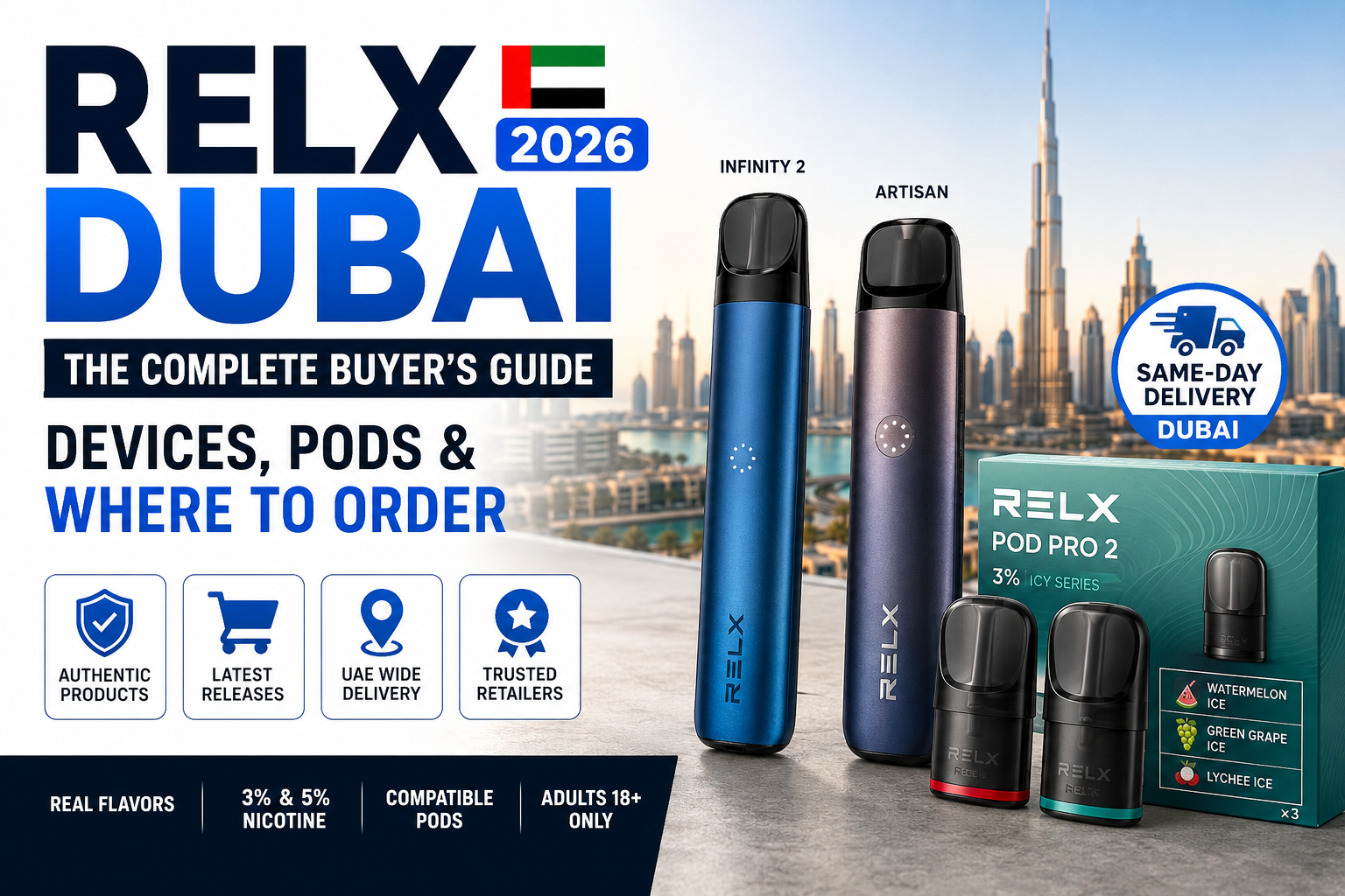 RELX Dubai 2026 buyer’s guide featuring the Infinity 2 and Artisan devices, plus Pod Pro 2 flavors