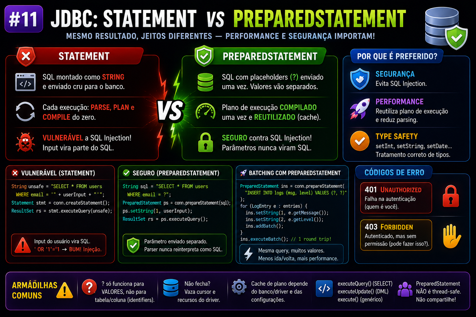 #11 Qual a diferença entre Statement e PreparedStatement no JDBC?