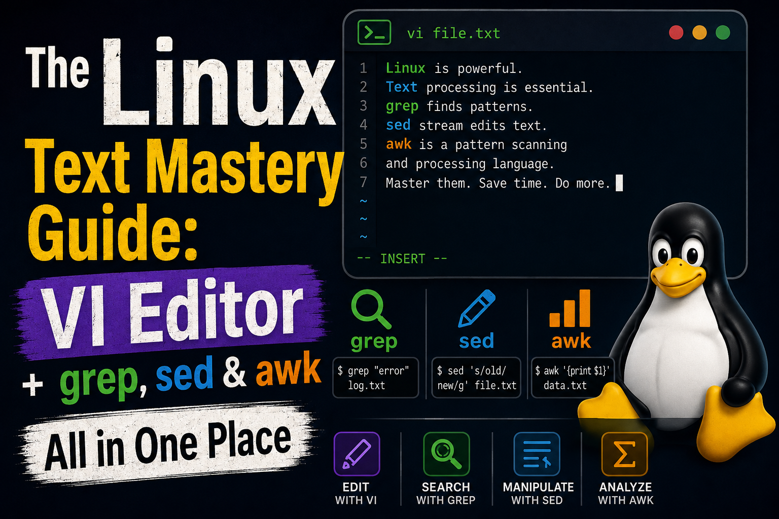 The Linux Text Mastery Guide: VI Editor + grep, sed & awk — All in One Place