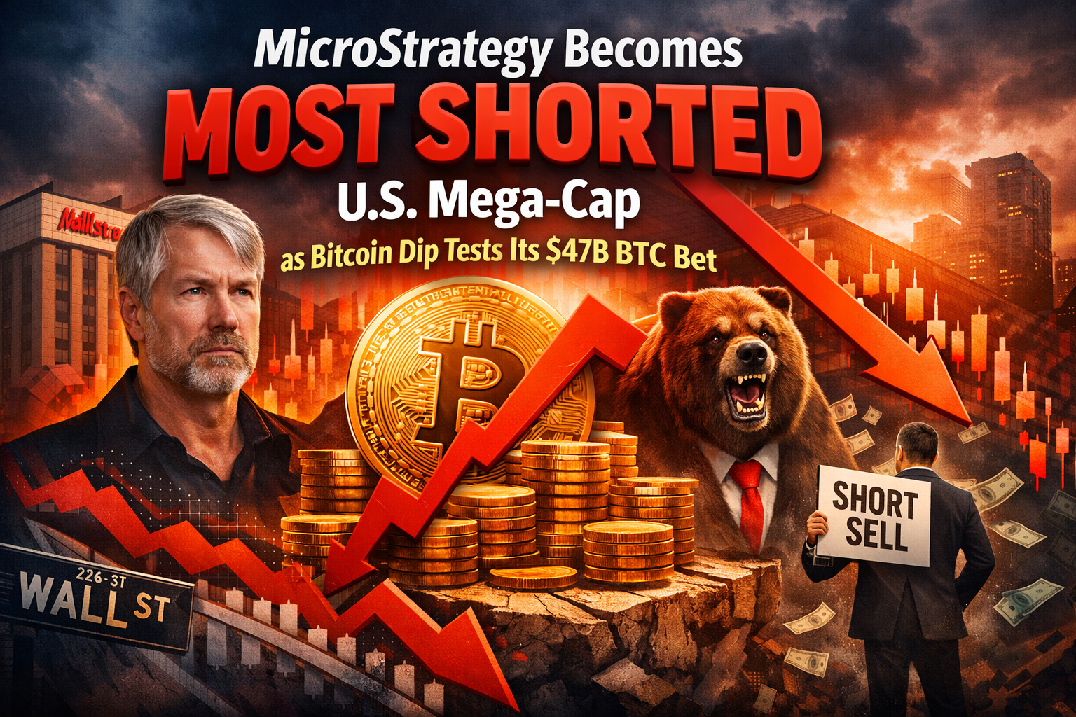 MicroStrategy (MSTR) Becomes Most Shorted U.S. Mega-Cap as Bitcoin Dip Tests Its $47B BTC Bet