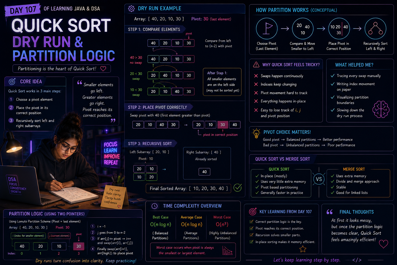 Day 107 of Learning Java & DSA: Quick Sort Dry Run & Partition Logic