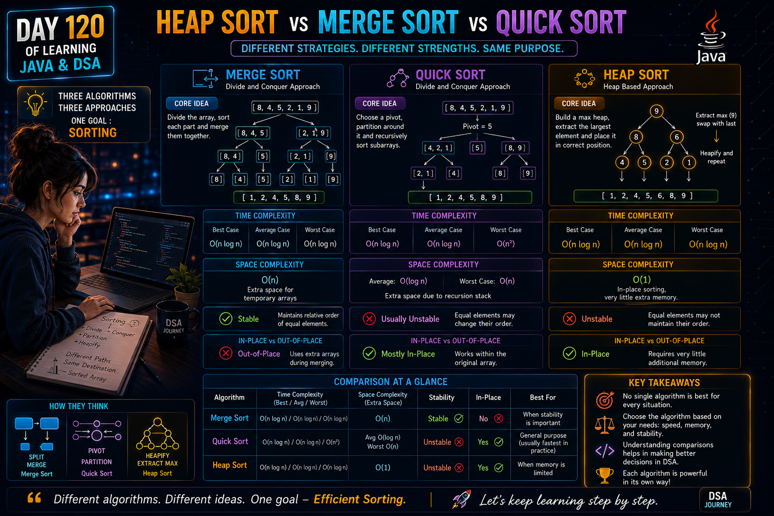 Day 120 of Learning Java & DSA: Heap Sort vs Merge Sort vs Quick Sort