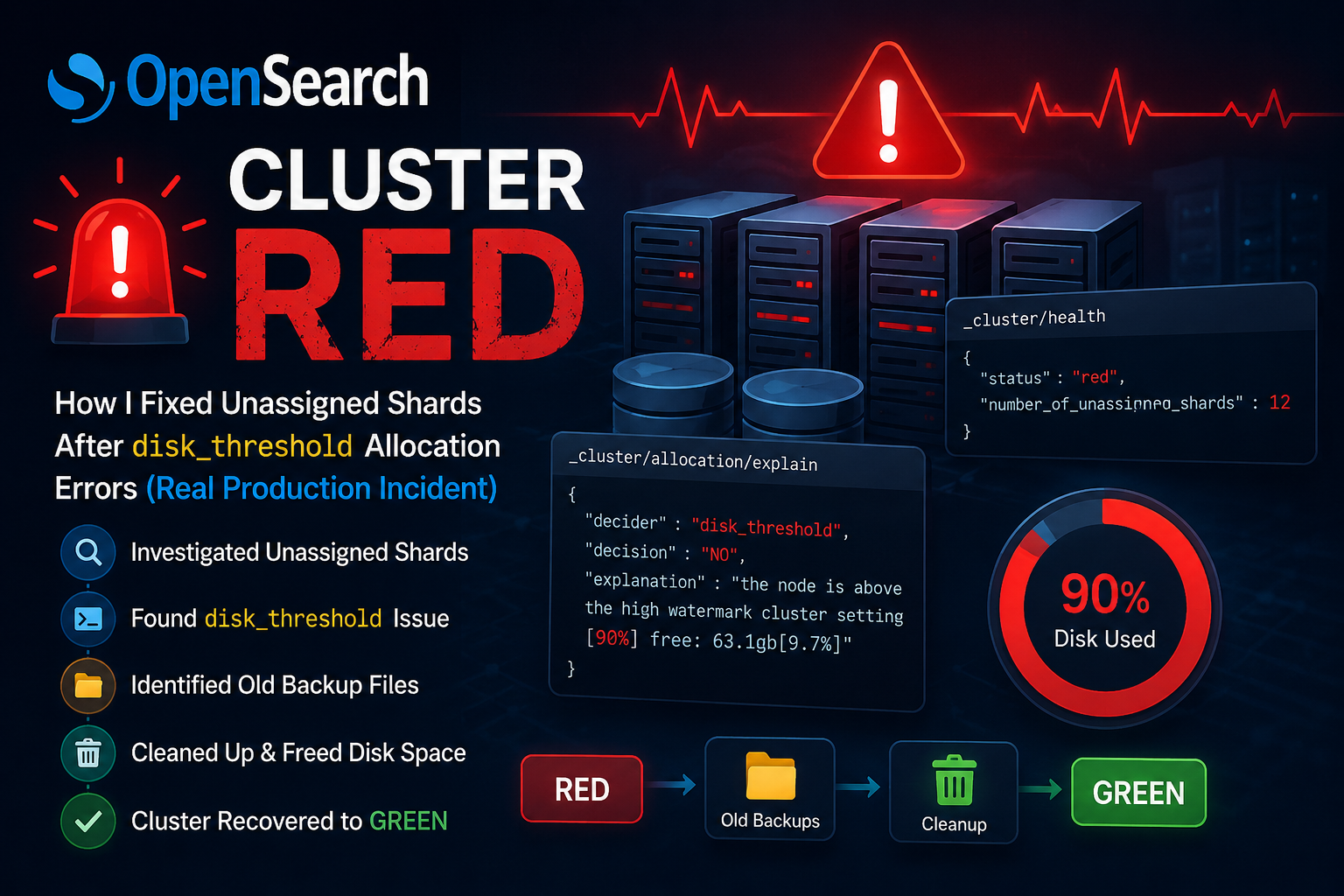 OpenSearch Cluster RED: How I Fixed Unassigned Shards After disk_threshold Allocation Errors (Real…