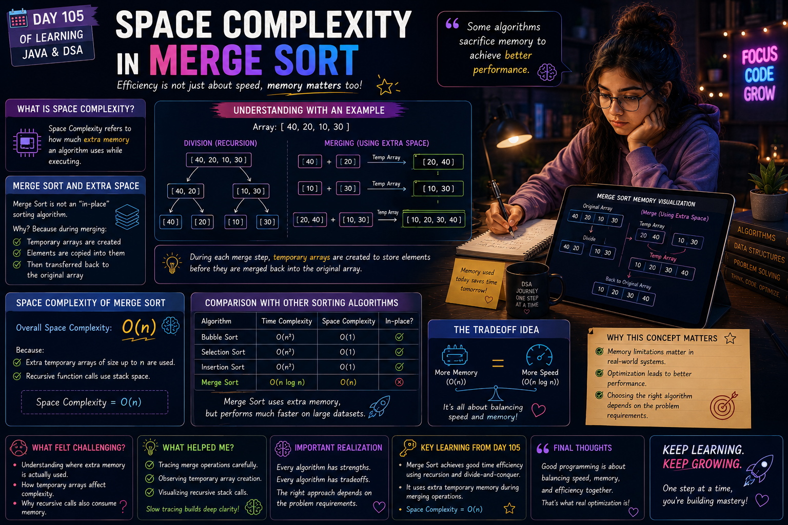 Day 105 of Learning Java & DSA: Space Complexity in Merge Sort