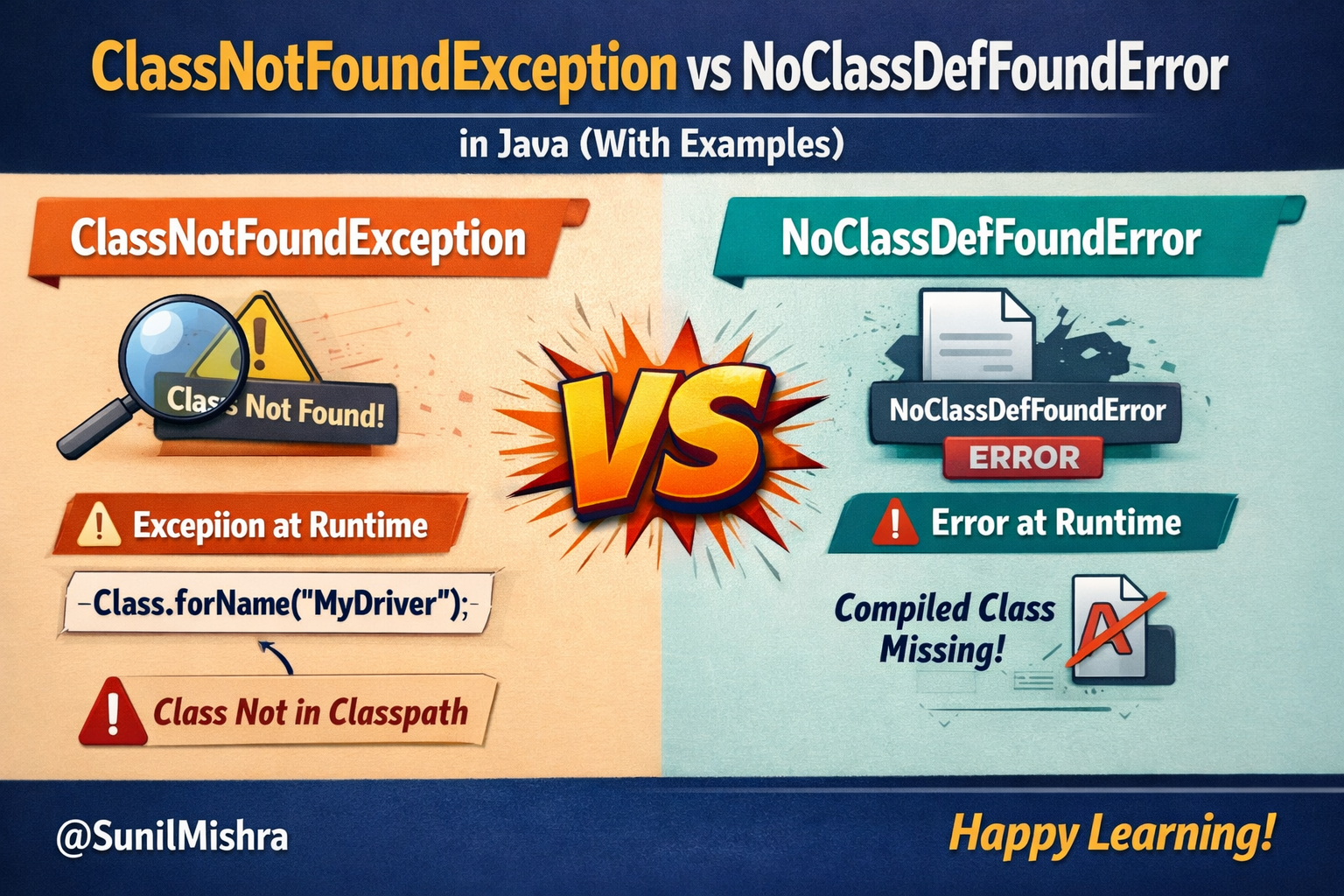 ClassNotFoundException vs NoClassDefFoundError in Java (With Examples)